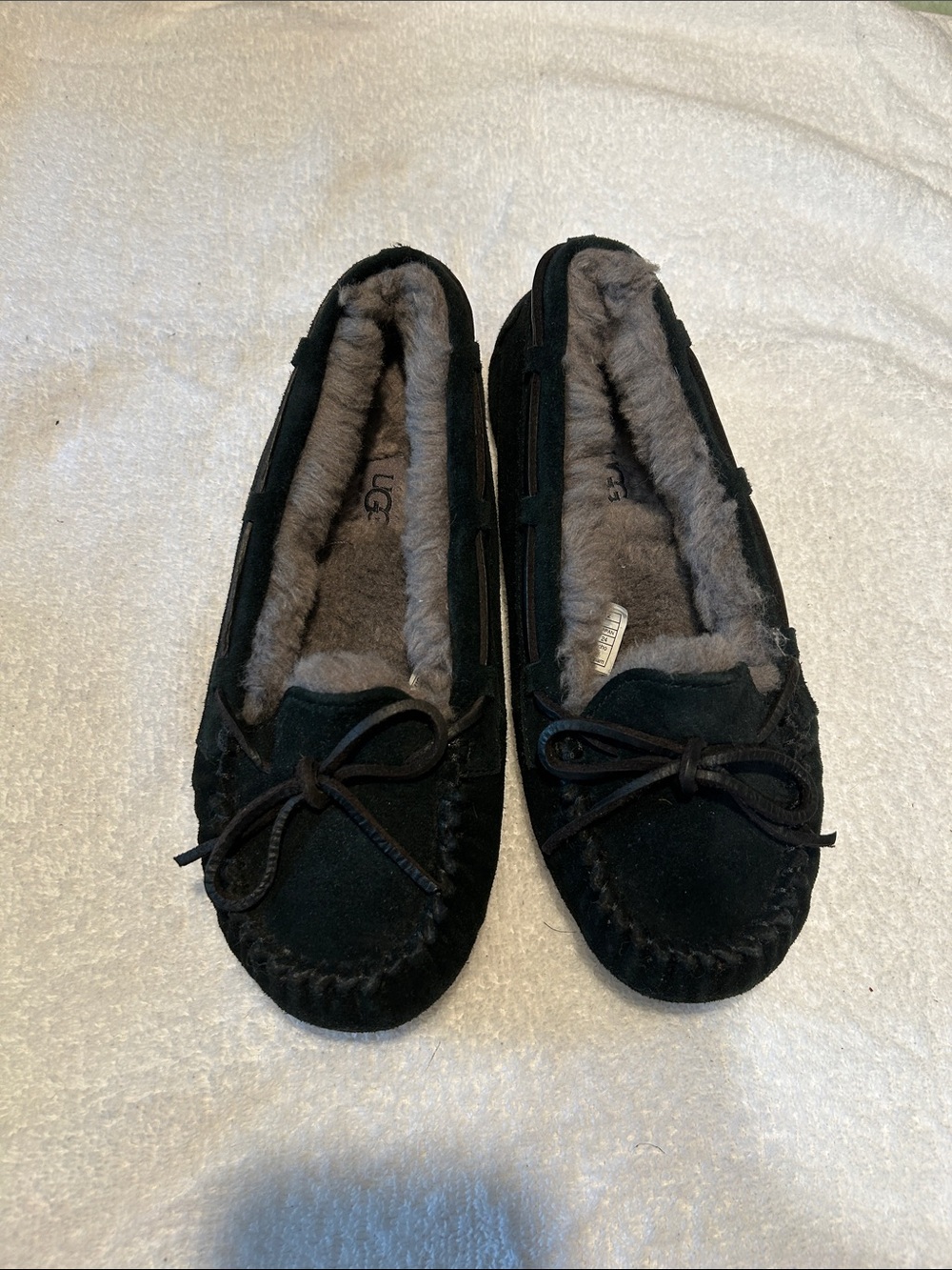 UGG Black Suede Shearling-Lined Moccasin Slippers